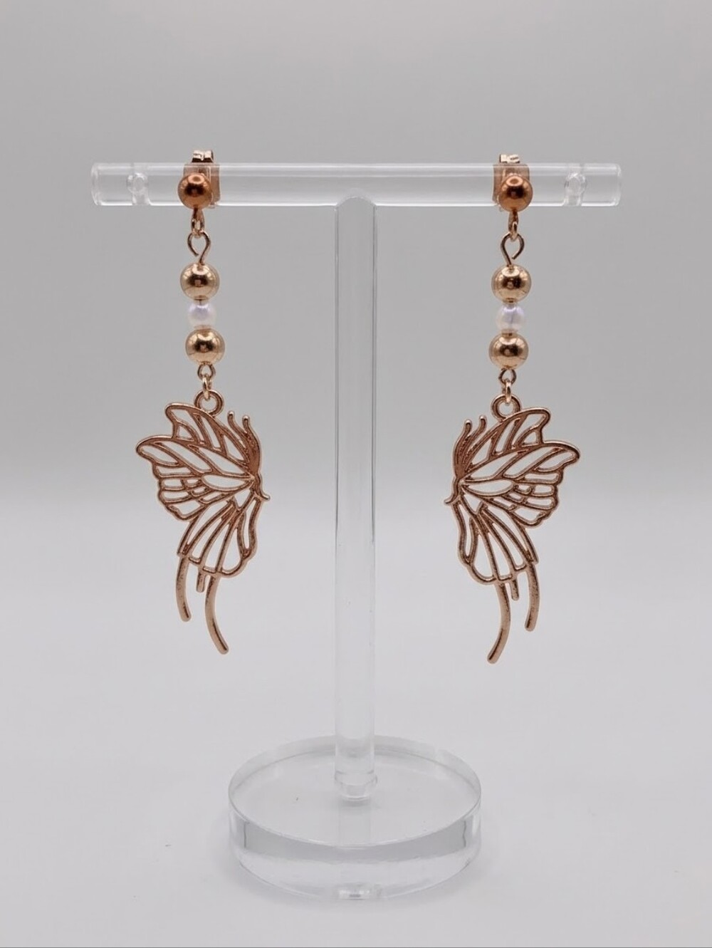 Rose Gold Butterfly Wing Drop Earrings - Hypoallergenic Posts